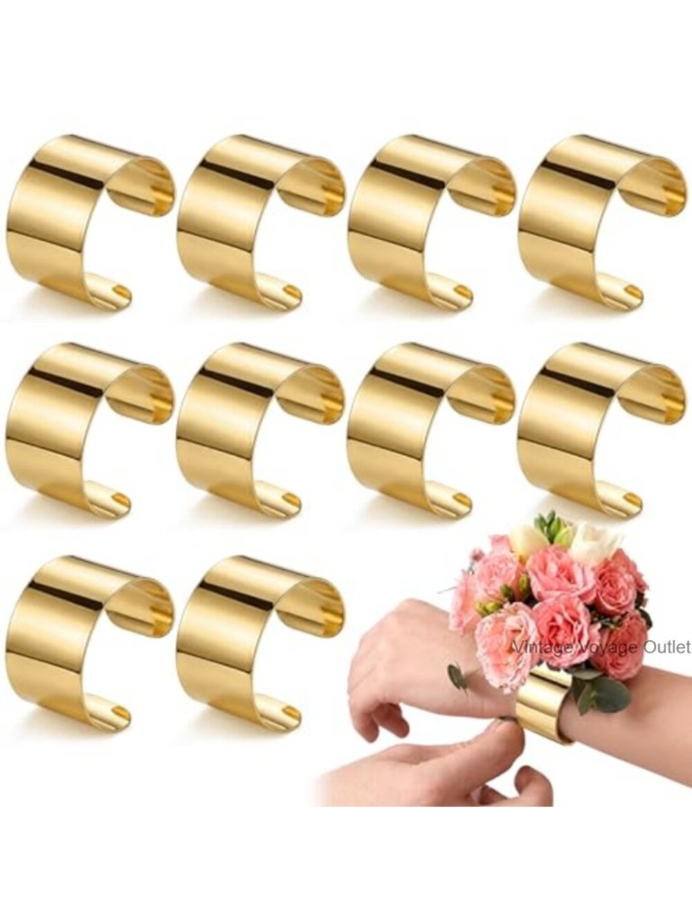 Gold Open Cuff Bracelets Set of 10, Adjustable Wristlet Corsage Bracelet,